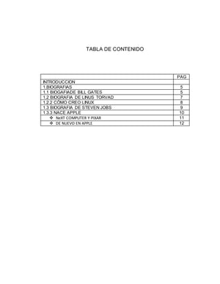 TABLA DE CONTENIDO
PAG
INTRODUCCION
1.BIOGRAFIAS 5
1.1 BIOGAFIADE BILL GATES 5
1.2 BIOGRAFIA DE LINUS TORVAD 7
1.2.2 CÓMO CREO LINUX 8
1.3 BIOGRAFIA DE STEVEN JOBS 9
1.3.3 NACE APPLE 10
 NeXT COMPUTER Y PIXAR 11
 DE NUEVO EN APPLE 12
 