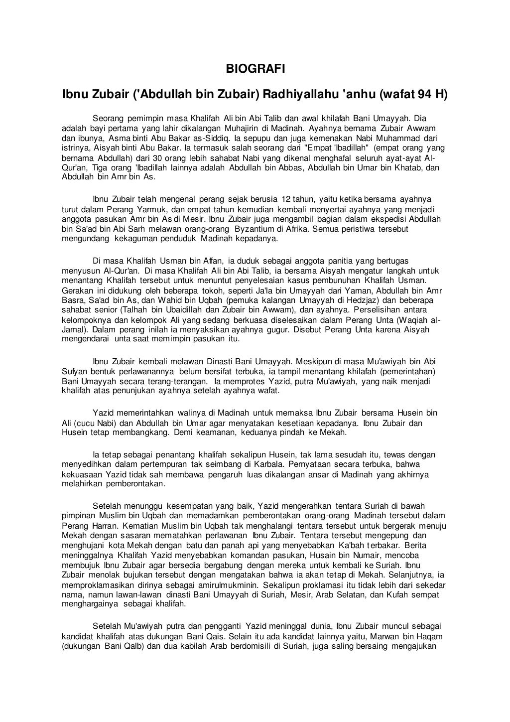 BIOGRAFI Ibnu Zubair ('Abdullah bin Zubair) Radhiyallahu 'anhu (wafat…