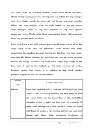 Nyi Ahmad Dahlan, Ny. Walandouw Maramis, Christina Martha Tiahohu, dan lainnya. 
Mereka berjuang di daerah, pada waktu, dan dengan cara yang berbeda. Ada yang berjuang di 
Aceh, Jawa, Maluku, Menado dan lainnya. Ada yang berjuang pada zaman penjajahan 
Belanda, pada zaman penjajahan Jepang, atau setelah kemerdekaan. Ada yang berjuang 
dengan mengangkat senjata, ada yang melalui pendidikan, ada yang melalui organisasi 
maupun cara lainnya. Mereka semua adalah pejuang-pejuang bangsa, pahlawan-pahlawan 
4 | B i o g r a f i R . A K a r t i n i 
bangsa yang patut kita hormati dan teladani. 
Raden Ajeng Kartini sendiri adalah pahlawan yang mengambil tempat tersendiri di hati kita 
dengan segala cita-cita, tekad, dan perbuatannya. Ide-ide besarnya telah mampu 
menggerakkan dan mengilhami perjuangan kaumnya dari kebodohan yang tidak disadari 
pada masa lalu. Dengan keberanian dan pengorbanan yang tulus, dia mampu menggugah 
kaumnya dari belenggu diskriminasi. Bagi wanita sendiri, dengan upaya awalnya itu kini 
kaum wanita di negeri ini telah menikmati apa yang disebut persamaan hak tersebut. 
Perjuangan memang belum berakhir, di era globalisasi ini masih banyak dirasakan 
penindasan dan perlakuan tidak adil terhadap perempuan. 
Struktur 
Teks 
Kalimat Dalam Teks 
Orientasi Raden Ajeng Kartini lahir pada 21 April tahun 1879 di kota Jepara, Jawa 
Tengah. Ia anak salah seorang bangsawan yang masih sangat taat pada 
adat istiadat. Setelah lulus dari Sekolah Dasar ia tidak diperbolehkan 
melanjutkan sekolah ke tingkat yang lebih tinggi oleh orangtuanya. Ia 
dipingit sambil menunggu waktu untuk dinikahkan. Kartini kecil sangat 
sedih dengan hal tersebut, ia ingin menentang tapi tak berani karena takut 
dianggap anak durhaka. Untuk menghilangkan kesedihannya, ia 
 