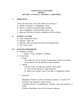 LESSON PLAN IN ENGLISH
GRADE 7
(SECTION: CATTLEYA, GLADIOLA, CARNATION)
I. OBJECTIVES
At the end of the lesson, 85% of the students are expected to:
a) identify the elements of a biographical sketch;
b) interview a partner by asking the guide questions;
c) make a biographical sketch about their partner; and
d) appreciate the lesson by actively participating with the activities
II. SUBJECT MATTER
a) Topic: Biographical Sketch
b) Materials: Visual Aid
c) Reference: http://www.generalconcepts.com/biography.html
d) Time Frame: 1 hour
III. LEARNING PROCEDURE
a) Preliminary activities
a. Routine: Prayer; Attendance; Cleanliness
b) Lesson Proper
1. Activity
- The teacher will read an example of a biographical sketch of Jose Rizal
- Let the students note the information being mentioned
2. Analysis
After the activity, the following questions will be asked:
a) What were the information being mentioned?
b) Based on the example, what do you think is a biographical sketch?
3. Abstraction
Biographical Sketch is a concise chronological summary of a person’s life.
It provides basic information about a person.
It describes a person’s accomplishments, education, work, and contribution to
society.
It has bits of information that refers the person’s character.
 