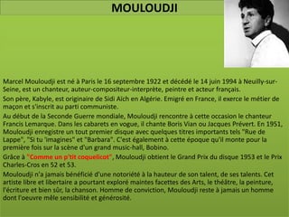 MOULOUDJI




Marcel Mouloudji est né à Paris le 16 septembre 1922 et décédé le 14 juin 1994 à Neuilly-sur-
Seine, est un chanteur, auteur-compositeur-interprète, peintre et acteur français.
Son père, Kabyle, est originaire de Sidi Aïch en Algérie. Emigré en France, il exerce le métier de
maçon et s'inscrit au parti communiste.
Au début de la Seconde Guerre mondiale, Mouloudji rencontre à cette occasion le chanteur
Francis Lemarque. Dans les cabarets en vogue, il chante Boris Vian ou Jacques Prévert. En 1951,
Mouloudji enregistre un tout premier disque avec quelques titres importants tels "Rue de
Lappe", "Si tu 'imagines" et "Barbara". C'est également à cette époque qu'il monte pour la
première fois sur la scène d'un grand music-hall, Bobino.
Grâce à "Comme un p'tit coquelicot", Mouloudji obtient le Grand Prix du disque 1953 et le Prix
Charles-Cros en 52 et 53.
Mouloudji n'a jamais bénéficié d'une notoriété à la hauteur de son talent, de ses talents. Cet
artiste libre et libertaire a pourtant exploré maintes facettes des Arts, le théâtre, la peinture,
l'écriture et bien sûr, la chanson. Homme de conviction, Mouloudji reste à jamais un homme
dont l'oeuvre mêle sensibilité et générosité.
 