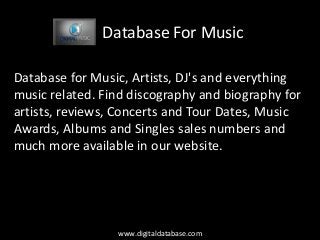 Database For Music
Database for Music, Artists, DJ's and everything
music related. Find discography and biography for
artists, reviews, Concerts and Tour Dates, Music
Awards, Albums and Singles sales numbers and
much more available in our website.
www.digitaldatabase.com
 