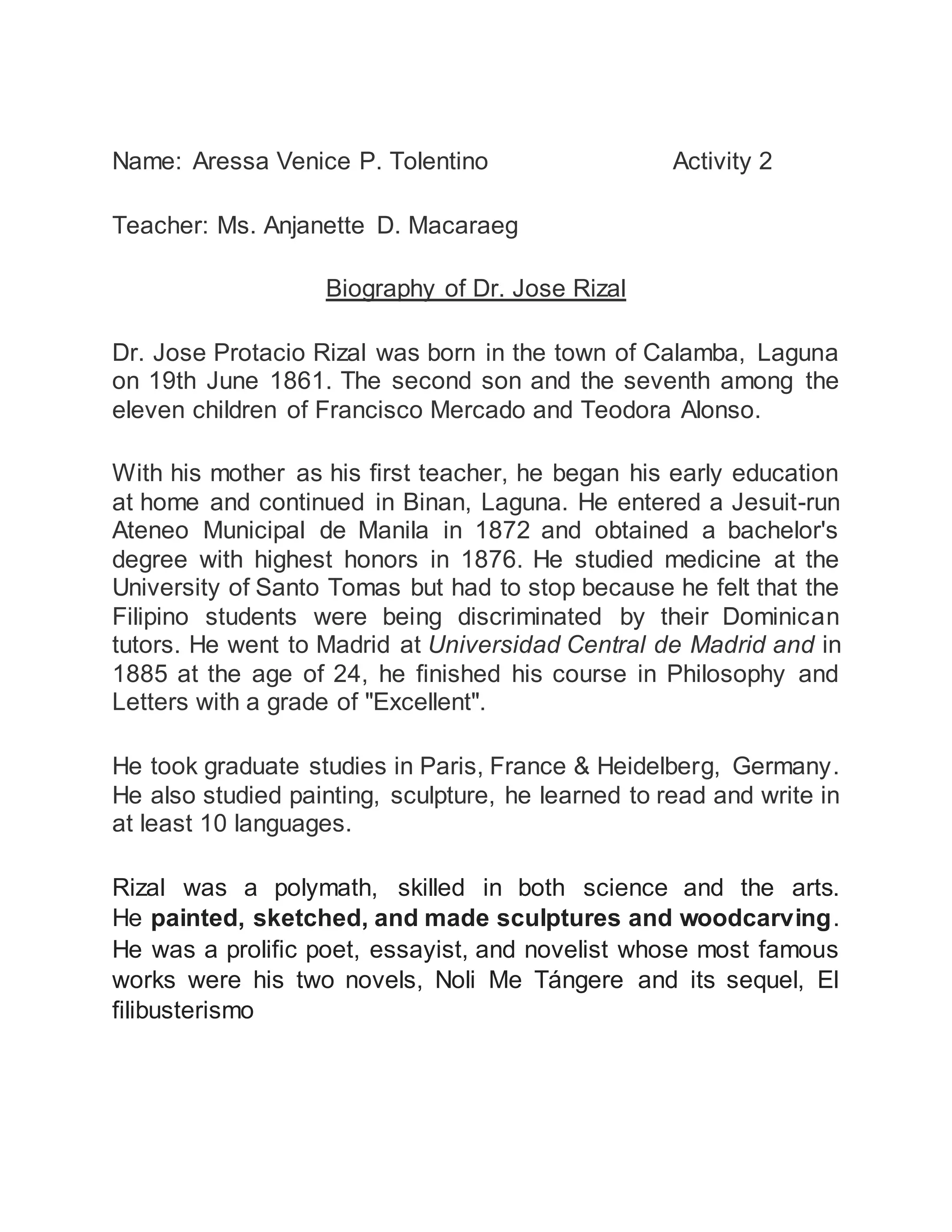 Biography of dr. jose rizal DOCX