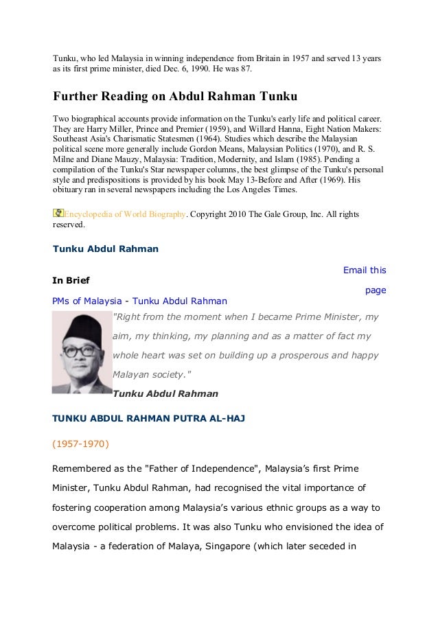 Biography of tunku abdul rahman