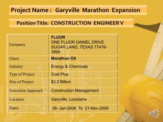 Primary responsibility for this assignment as a Field Engineering Area Lead (Area D): *Supervised a staff of fourteen Field Engineers; seven Mechanical / Pipe, two CSA, four E&I, and one EICS. * Responsibilities and duties included;writing and responding to RFIs, disposition of NCRs, writing FCR’s and FCNs,  