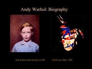 Andy Warhol: Biography




Andy Warhol at about the age 8, ca.1936   Self-Portrait, 1986, © AWF
 