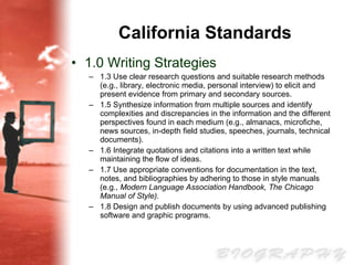 California Standards 1.0 Writing Strategies 1.3 Use clear research questions and suitable research methods (e.g., library, electronic media, personal interview) to elicit and present evidence from primary and secondary sources. 1.5 Synthesize information from multiple sources and identify complexities and discrepancies in the information and the different perspectives found in each medium (e.g., almanacs, microfiche, news sources, in-depth field studies, speeches, journals, technical documents). 1.6 Integrate quotations and citations into a written text while maintaining the flow of ideas. 1.7 Use appropriate conventions for documentation in the text, notes, and bibliographies by adhering to those in style manuals (e.g.,  Modern Language Association Handbook, The Chicago Manual of Style). 1.8 Design and publish documents by using advanced publishing software and graphic programs. 
