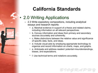 California Standards 2.0 Writing Applications  2.3 Write expository compositions, including analytical essays and research reports: a. Marshal evidence in support of a thesis and related claims, including information on all relevant perspectives. b. Convey information and ideas from primary and secondary sources accurately and coherently. c. Make distinctions between the relative value and significance of specific data, facts, and ideas. d. Include visual aids by employing appropriate technology to organize and record information on charts, maps, and graphs. e. Anticipate and address readers' potential misunderstandings, biases, and expectations. f. Use technical terms and notations accurately.   