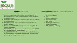 MARKET POTENTIAL
• Where other products needs industrial composting facility but
BIOGREEN products Can be in composted back yard of your home
compare to others .
• Can be manufacture below five microns .so, that price can be match
to plastic products.
• BIOGREEN products can be produce in large scale meeting the
demand of plastic.
• 20 microns of BIOGREEN bags can give the same strength of 50
microns plastic bags .
• All BIOGREEN products are approved and recommended by “CPCB”
as a best alternative for plastic products.
• Using BIOGREEN PALLETS we can be manufactured with wide range
of product line such as carry bags , garbage bags , spoons ,straws
,plates any single use plastic products.
GOVERNMENT SUPPORT AND COMPLIANCE
• Before starting plant
• GST
• Concent to establish
• Concent to operate
• Cipt testing
• Applying for CPCB licence
• Government support
• MSME 20% less on testing
 