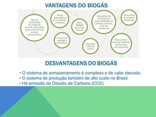 VANTAGENS DO BIOGÁS
DESVANTAGENS DO BIOGÁS
• O sistema de armazenamento é complexo e de valor elevado.
• O sistema de produção também de alto custo no Brasil.
• Há emissão de Dióxido de Carbono (CO2).
 