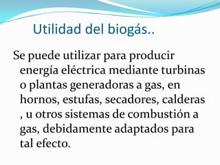       Utilidad del biogás..Se puede utilizar para producir energía eléctrica mediante turbinas o plantas generadoras a gas, en hornos, estufas, secadores, calderas, u otros sistemas de combustión a gas, debidamente adaptados para tal efecto.