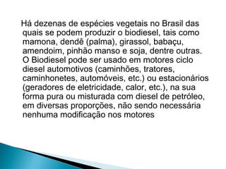 Há dezenas de espécies vegetais no Brasil das
quais se podem produzir o biodiesel, tais como
mamona, dendê (palma), girassol, babaçu,
amendoim, pinhão manso e soja, dentre outras.
O Biodiesel pode ser usado em motores ciclo
diesel automotivos (caminhões, tratores,
caminhonetes, automóveis, etc.) ou estacionários
(geradores de eletricidade, calor, etc.), na sua
forma pura ou misturada com diesel de petróleo,
em diversas proporções, não sendo necessária
nenhuma modificação nos motores
 
