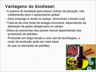 Vantagens do biodiesel:
- A queima do biodiesel gera baixos índices de poluição, não
colaborando para o aquecimento global.
- Gera emprego e renda no campo, diminuindo o êxodo rural.
- Trata-se de uma fonte de energia renovável, dependendo da
plantação de grãos oleoginosos no campo.
- Deixa as economias dos países menos dependentes dos
produtores de petróleo.
- Produzido em larga escala e com uso de tecnologias, o
custo de produção pode ser mais baixo
do que os derivados de petróleo.
 