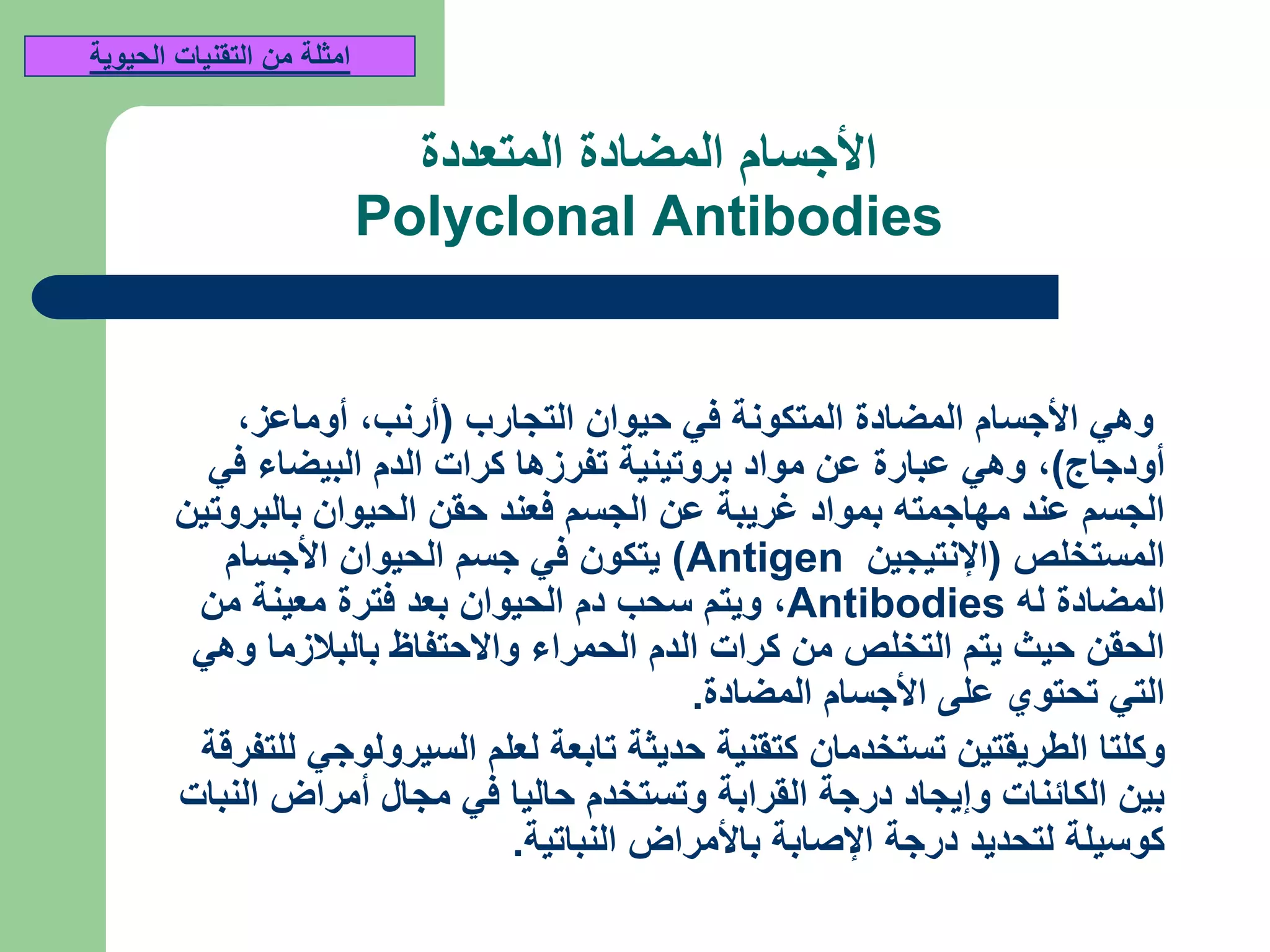 ‫المتعددة‬ ‫المضادة‬ ‫األجسام‬
Polyclonal Antibodies
‫التجارب‬ ‫حيوان‬ ‫في‬ ‫المتكونة‬ ‫المضادة‬ ‫األجسام‬ ‫وهي‬(‫أرنب‬,‫أوماعز‬,
‫أودجاج‬),‫في‬ ‫البيضاء‬ ‫الدم‬ ‫كرات‬ ‫تفرزها‬ ‫بروتينية‬ ‫مواد‬ ‫عن‬ ‫عبارة‬ ‫وهي‬
‫بالبروتين‬ ‫الحيوان‬ ‫حقن‬ ‫فعند‬ ‫الجسم‬ ‫عن‬ ‫غريبة‬ ‫بمواد‬ ‫مهاجمته‬ ‫عند‬ ‫الجسم‬
‫المستخلص‬(‫اإلنتيجين‬Antigen)‫األجسام‬ ‫الحيوان‬ ‫جسم‬ ‫في‬ ‫يتكون‬
‫له‬ ‫المضادة‬Antibodies,‫من‬ ‫معينة‬ ‫فترة‬ ‫بعد‬ ‫الحيوان‬ ‫دم‬ ‫سحب‬ ‫ويتم‬
‫وهي‬ ‫بالبالزما‬ ‫واالحتفاظ‬ ‫الحمراء‬ ‫الدم‬ ‫كرات‬ ‫من‬ ‫التخلص‬ ‫يتم‬ ‫حيث‬ ‫الحقن‬
‫المضادة‬ ‫األجسام‬ ‫على‬ ‫تحتوي‬ ‫التي‬.
‫للتفرقة‬ ‫السيرولوجي‬ ‫لعلم‬ ‫تابعة‬ ‫حديثة‬ ‫كتقنية‬ ‫تستخدمان‬ ‫الطريقتين‬ ‫وكلتا‬
‫النبات‬ ‫أمراض‬ ‫مجال‬ ‫في‬ ‫حاليا‬ ‫وتستخدم‬ ‫القرابة‬ ‫درجة‬ ‫وإيجاد‬ ‫الكائنات‬ ‫بين‬
‫النباتية‬ ‫باألمراض‬ ‫اإلصابة‬ ‫درجة‬ ‫لتحديد‬ ‫كوسيلة‬.
‫الحيوية‬ ‫التقنيات‬ ‫من‬ ‫امثلة‬
 