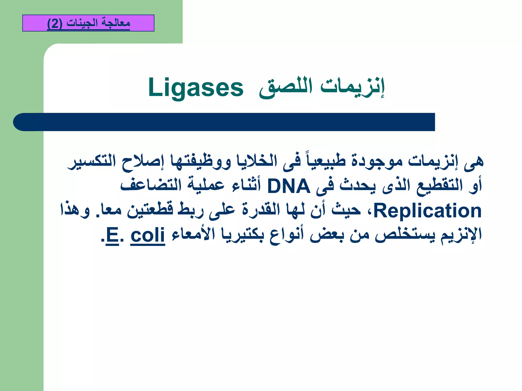‫اللصق‬ ‫إنزيمات‬Ligases
‫التكسير‬ ‫إصالح‬ ‫ووظيفتها‬ ‫الخاليا‬ ‫فى‬ ‫طبيعيا‬ ‫موجودة‬ ‫إنزيمات‬ ‫هى‬
‫فى‬ ‫يحدث‬ ‫الذى‬ ‫التقطيع‬ ‫أو‬DNA‫التضاعف‬ ‫عملية‬ ‫أثناء‬
Replication,‫معا‬ ‫قطعتين‬ ‫ربط‬ ‫على‬ ‫القدرة‬ ‫لها‬ ‫أن‬ ‫حيث‬.‫وهذا‬
‫األمعاء‬ ‫بكتيريا‬ ‫أنواع‬ ‫بعض‬ ‫من‬ ‫يستخلص‬ ‫اإلنزيم‬coli.E.
‫الجينات‬ ‫معالجة‬(2)
 