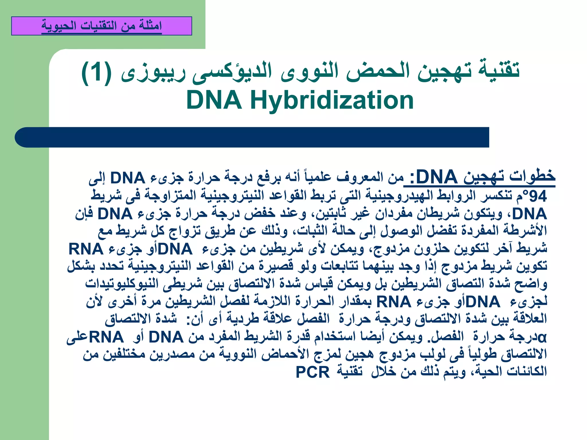 ‫ريبوزى‬ ‫الديؤكسى‬ ‫النووى‬ ‫الحمض‬ ‫تهجين‬ ‫تقنية‬(1)
DNA Hybridization
‫تهجين‬ ‫خطوات‬DNA:‫جزىء‬ ‫حرارة‬ ‫درجة‬ ‫برفع‬ ‫أنه‬ ‫علميا‬ ‫المعروف‬ ‫من‬DNA‫إلى‬
94°‫شريط‬ ‫فى‬ ‫المتزاوجة‬ ‫النيتروجينية‬ ‫القواعد‬ ‫تربط‬ ‫التى‬ ‫الهيدروجينية‬ ‫الروابط‬ ‫تنكسر‬ ‫م‬
DNA,‫ثابتين‬ ‫غير‬ ‫مفردان‬ ‫شريطان‬ ‫ويتكون‬,‫جزىء‬ ‫حرارة‬ ‫درجة‬ ‫خفض‬ ‫وعند‬DNA‫فإن‬
‫الثبات‬ ‫حالة‬ ‫إلى‬ ‫الوصول‬ ‫تفضل‬ ‫المفردة‬ ‫األشرطة‬,‫مع‬ ‫شريط‬ ‫كل‬ ‫تزواج‬ ‫طريق‬ ‫عن‬ ‫وذلك‬
‫مزدوج‬ ‫حلزون‬ ‫لتكوين‬ ‫آخر‬ ‫شريط‬,‫جزىء‬ ‫من‬ ‫شريطين‬ ‫ألى‬ ‫ويمكن‬DNA‫جزىء‬ ‫أو‬RNA
‫بشكل‬ ‫تحدد‬ ‫النيتروجينية‬ ‫القواعد‬ ‫من‬ ‫قصيرة‬ ‫ولو‬ ‫تتابعات‬ ‫بينهما‬ ‫وجد‬ ‫إذا‬ ‫مزدوج‬ ‫شريط‬ ‫تكوين‬
‫النيوكليوتيدات‬ ‫شريطى‬ ‫بين‬ ‫االلتصاق‬ ‫شدة‬ ‫قياس‬ ‫ويمكن‬ ‫بل‬ ‫الشريطين‬ ‫التصاق‬ ‫شدة‬ ‫واضح‬
‫لجزىء‬DNA‫جزىء‬ ‫أو‬RNA‫ألن‬ ‫أخرى‬ ‫مرة‬ ‫الشريطين‬ ‫لفصل‬ ‫الالزمة‬ ‫الحرارة‬ ‫بمقدار‬
‫أن‬ ‫أى‬ ‫طردية‬ ‫عالقة‬ ‫الفصل‬ ‫حرارة‬ ‫ودرجة‬ ‫االلتصاق‬ ‫شدة‬ ‫بين‬ ‫العالقة‬:‫االلتصاق‬ ‫شدة‬
α‫الفصل‬ ‫حرارة‬ ‫درجة‬.‫من‬ ‫المفرد‬ ‫الشريط‬ ‫قدرة‬ ‫استخدام‬ ‫أيضا‬ ‫ويمكن‬DNA‫أو‬RNA‫على‬
‫من‬ ‫مختلفين‬ ‫مصدرين‬ ‫من‬ ‫النووية‬ ‫األحماض‬ ‫لمزج‬ ‫هجين‬ ‫مزدوج‬ ‫لولب‬ ‫فى‬ ‫طوليا‬ ‫االلتصاق‬
‫الحية‬ ‫الكائنات‬,‫خالل‬ ‫من‬ ‫ذلك‬ ‫ويتم‬‫تقنية‬PCR
‫الحيوية‬ ‫التقنيات‬ ‫من‬ ‫امثلة‬
 