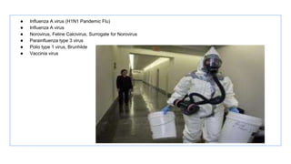 ● Influenza A virus (H1N1 Pandemic Flu)
● Influenza A virus
● Norovirus, Feline Calcivirus, Surrogate for Norovirus
● Parainfluenza type 3 virus
● Polio type 1 virus, Brunhilde
● Vaccinia virus
 