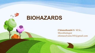 BIOHAZARDS
Chinnathambi S M.Sc.,
Microbiologist
chinnaselvamc345@gmail.com
 