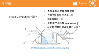 11
Cloud Computing 이란?
• 초기 투자나 장기 계약 없이
• 인터넷을 통해 IT 리소스와
애플리케이션을
• 원할 때 언제든지 (on-demand)
• 사용한 만큼만 요금을 내는 서비스!
참조: http://aws.amazon.com/ko/what-is-cloud-computing
정리하면…
 