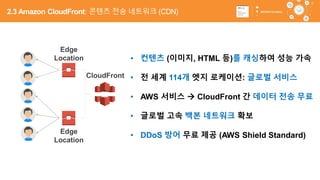 49
CloudFront
Edge
Location
Edge
Location
• 컨텐츠 (이미지, HTML 등)를 캐싱하여 성능 가속
• 전 세계 114개 엣지 로케이션: 글로벌 서비스
• AWS 서비스  CloudFront 간 데이터 전송 무료
• 글로벌 고속 백본 네트워크 확보
• DDoS 방어 무료 제공 (AWS Shield Standard)
2.3 Amazon CloudFront: 콘텐츠 전송 네트워크 (CDN)
 