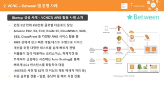 61
Startup 성공 사례 – VCNC의 AWS 활용 사례 소개
• 런칭 3년 만에 450만회 글로벌 다운로드 달성
• Amazon EC2, S3, ELB, Route 53, CloudWatch, SQS,
SES, CloudFront 등 다양한 AWS 서비스 활용 중
• AWS 상에서 쉽고 빠른 개발/테스트 수행으로 서비스
개선을 위한 다양한 테스트를 쉽게 빠르게 진행
• 커플들이 많이 이용하는 크리스마스, 축제기간 등
트래픽이 급증하는 시즌에는 Auto Scaling을 통해
빠르게 EC2 인스턴스를 확장하여 대응
(100TB의 사진 및 82억 건 이상의 채팅 메세지 처리 등)
• 쉬운 글로벌 진출 – 일본, 동남아 등 해외 시장 진출
2. VCNC – Between 앱 운영 사례
 