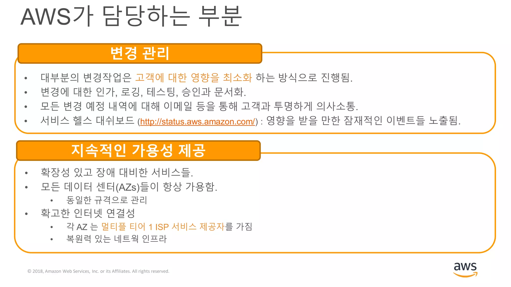 © 2018, Amazon Web Services, Inc. or its Affiliates. All rights reserved.
• 대부분의 변경작업은 고객에 대한 영향을 최소화 하는 방식으로 진행됨.
• 변경에 대한 인가, 로깅, 테스팅, 승인과 문서화.
• 모든 변경 예정 내역에 대해 이메일 등을 통해 고객과 투명하게 의사소통.
• 서비스 헬스 대쉬보드 (http://status.aws.amazon.com/) : 영향을 받을 만한 잠재적인 이벤트들 노출됨.
변경 관리
• 확장성 있고 장애 대비한 서비스들.
• 모든 데이터 센터(AZs)들이 항상 가용함.
• 동일한 규격으로 관리
• 확고한 인터넷 연결성
• 각 AZ 는 멀티플 티어 1 ISP 서비스 제공자를 가짐
• 복원력 있는 네트웍 인프라
지속적인 가용성 제공
AWS가 담당하는 부분
 