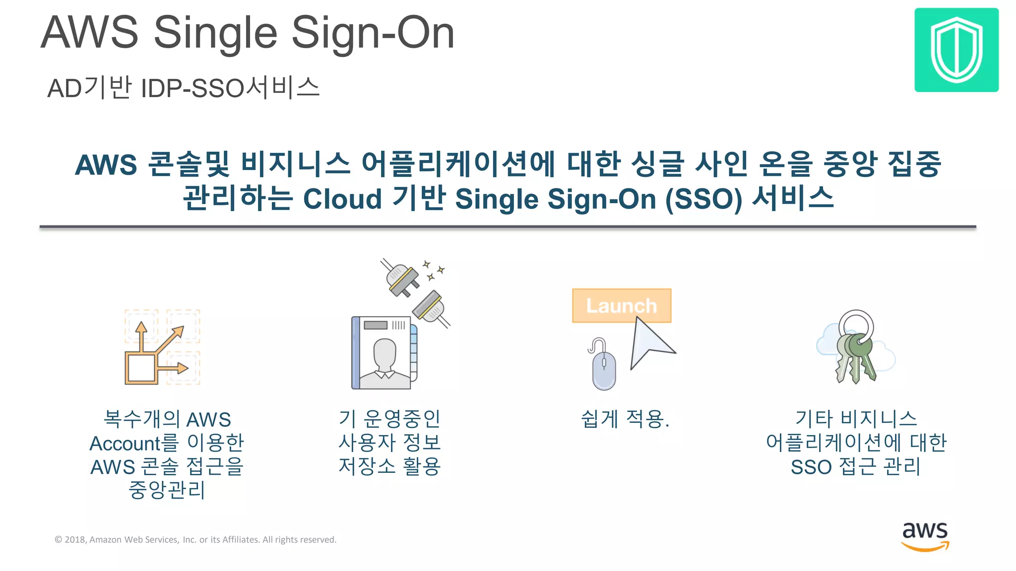 © 2018, Amazon Web Services, Inc. or its Affiliates. All rights reserved.
AWS Single Sign-On
AD기반 IDP-SSO서비스
AWS 콘솔및 비지니스 어플리케이션에 대한 싱글 사인 온을 중앙 집중
관리하는 Cloud 기반 Single Sign-On (SSO) 서비스
복수개의 AWS
Account를 이용한
AWS 콘솔 접근을
중앙관리
쉽게 적용.기 운영중인
사용자 정보
저장소 활용
기타 비지니스
어플리케이션에 대한
SSO 접근 관리
 