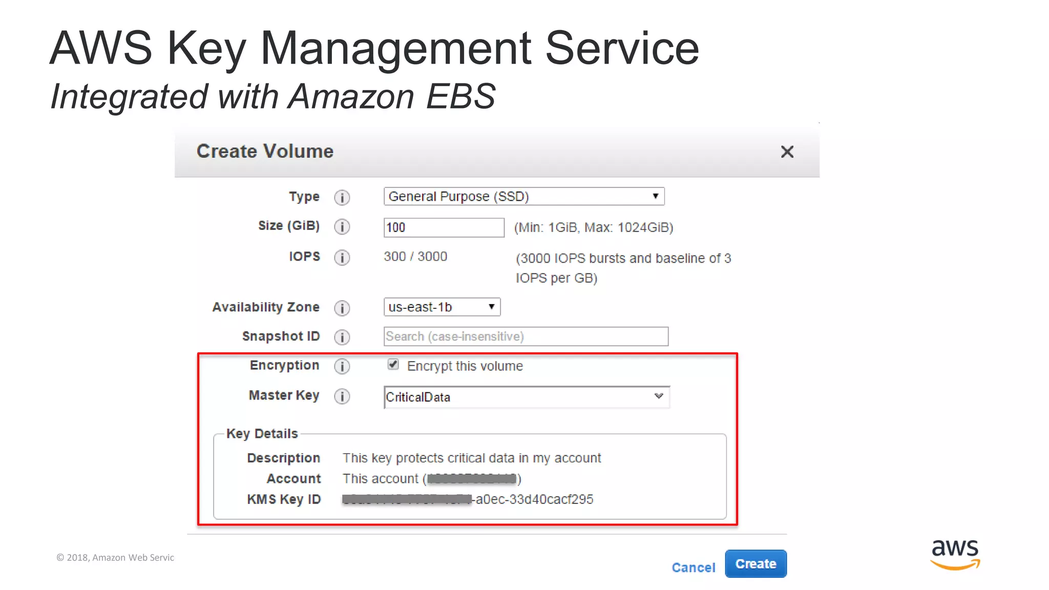 © 2018, Amazon Web Services, Inc. or its Affiliates. All rights reserved.
AWS Key Management Service
Integrated with Amazon EBS
 