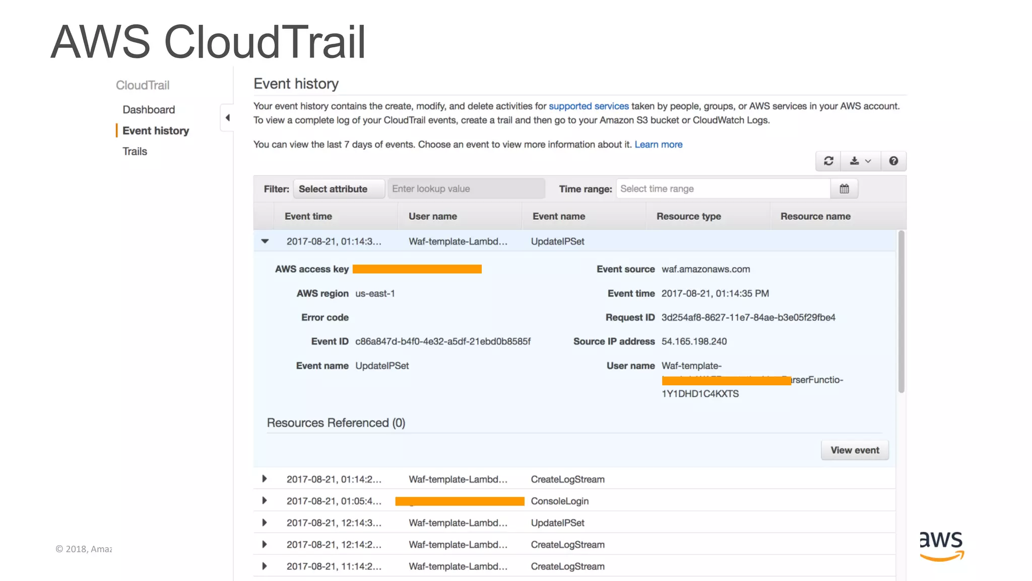 © 2018, Amazon Web Services, Inc. or its Affiliates. All rights reserved.
AWS CloudTrail
 