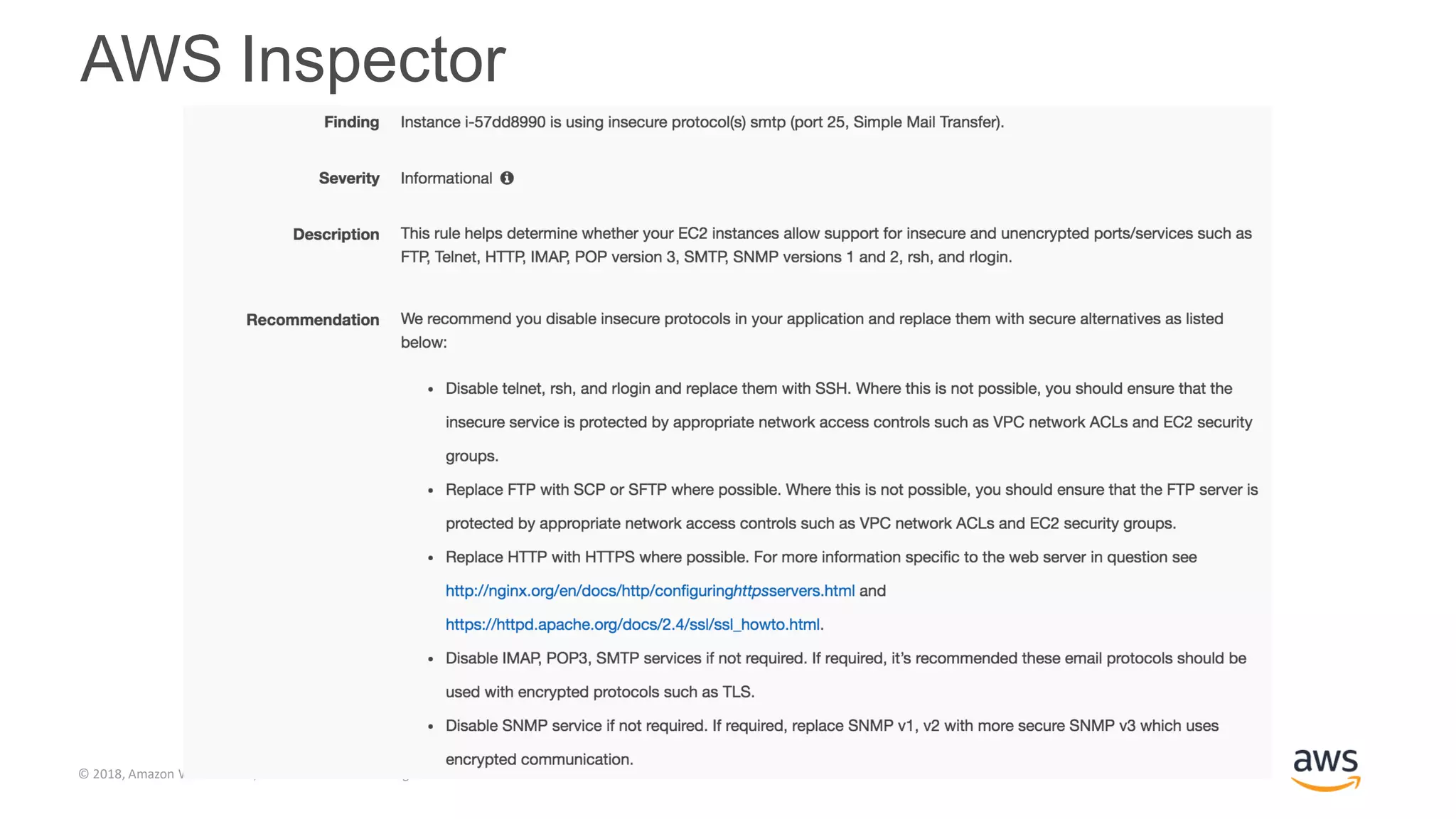 © 2018, Amazon Web Services, Inc. or its Affiliates. All rights reserved.
AWS Inspector
 