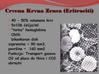 Crvena Krvna Zrnca (Eritrociti)Crvena Krvna Zrnca (Eritrociti)
o 40 - 50% volumena krvi
o 5x106 ćelija/ml
o "torba" hemoglobina
o Oblik
bikonkavan disk
zapremina ~ 90 mm3,
površine ~ 160 mm2
Funkcija: Transport gasova
O2 od pluca do tkiva i CO2
obrnuto
 