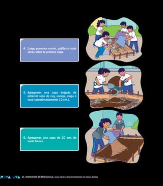 5. Agregamos una capa delgada de
estiércol seco de cuy, conejo, oveja o
vaca (aproximadamente 10 cm.).
6. Agregamos una capa de 20 cm. de
suelo franco.
4. Luego ponemos ramas, pajillas y hojas
secas sobre la primera capa.
20
EL BIOHUERTO EN MI ESCUELA. Guía para su implementación en zonas áridas
 