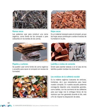 Ramas secas
Las podemos usar para construir una cama
orgánica, como fondo de los compost o para
colocarlas en los bordes de las camas.
Hojas secas
Es un material necesario para el compost, ya que
las hojas secas contribuyen a evitar el exceso de
humedad en la pila.
Papeles y cartones
Se pueden usar como fondo de cama orgánica
o picadito para secar el compost con exceso de
humedad.
Ladrillos o restos de cemento
Sirven para asentar estacas o en el caso de los
ladrillos pueden bordear los biohuertos.
Los residuos de la cafetería escolar
Es la materia orgánica (cascaras de verduras,
hortalizas, etc.) que necesitamos para hacer
nuestro compost. En nuestra escuela podemos
conseguirla dejando unos recipientes grandes,
como baldes, con los cocineros de las cafeterías
para que luego nos lo entregue llenos de los
residuos que han generado durante el día, esto
a fin de mejorar la disposición de estos.
42
EL BIOHUERTO EN MI ESCUELA. Guía para su implementación en zonas áridas
 