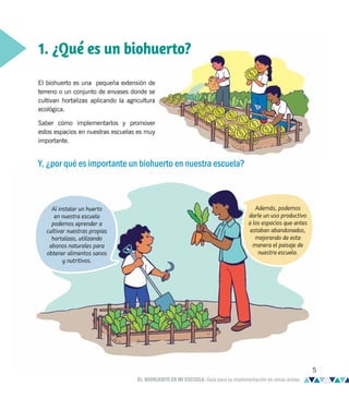 El biohuerto es una pequeña extensión de
terreno o un conjunto de envases donde se
cultivan hortalizas aplicando la agricultura
ecológica.
Saber cómo implementarlos y promover
estos espacios en nuestras escuelas es muy
importante.
Y, ¿por qué es importante un biohuerto en nuestra escuela?
Al instalar un huerto
en nuestra escuela
podemos aprender a
cultivar nuestras propias
hortalizas, utilizando
abonos naturales para
obtener alimentos sanos
y nutritivos.
1. ¿Qué es un biohuerto?
Además, podemos
darle un uso productivo
a los espacios que antes
estaban abandonados,
mejorando de esta
manera el paisaje de
nuestra escuela.
5
EL BIOHUERTO EN MI ESCUELA. Guía para su implementación en zonas áridas
 