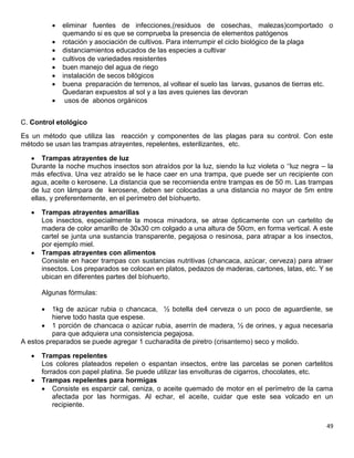 49 
 eliminar fuentes de infecciones,(residuos de cosechas, malezas)comportado o quemando si es que se comprueba la presencia de elementos patógenos 
 rotación y asociación de cultivos. Para interrumpir el ciclo biológico de la plaga 
 distanciamientos educados de las especies a cultivar 
 cultivos de variedades resistentes 
 buen manejo del agua de riego 
 instalación de secos bilógicos 
 buena preparación de terrenos, al voltear el suelo las larvas, gusanos de tierras etc. 
Quedaran expuestos al sol y a las aves quienes las devoran 
 usos de abonos orgánicos 
C. Control etológico 
Es un método que utiliza las reacción y componentes de las plagas para su control. Con este método se usan las trampas atrayentes, repelentes, esterilizantes, etc. 
 Trampas atrayentes de luz 
Durante la noche muchos insectos son atraídos por la luz, siendo la luz violeta o „„luz negra – la más efectiva. Una vez atraído se le hace caer en una trampa, que puede ser un recipiente con agua, aceite o kerosene. La distancia que se recomienda entre trampas es de 50 m. Las trampas de luz con lámpara de kerosene, deben ser colocadas a una distancia no mayor de 5m entre ellas, y preferentemente, en el perímetro del bíohuerto. 
 Trampas atrayentes amarillas 
Los insectos, especialmente la mosca minadora, se atrae ópticamente con un cartelito de madera de color amarillo de 30x30 cm colgado a una altura de 50cm, en forma vertical. A este cartel se junta una sustancia transparente, pegajosa o resinosa, para atrapar a los insectos, por ejemplo miel. 
 Trampas atrayentes con alimentos 
Consiste en hacer trampas con sustancias nutritivas (chancaca, azúcar, cerveza) para atraer insectos. Los preparados se colocan en platos, pedazos de maderas, cartones, latas, etc. Y se ubican en diferentes partes del bíohuerto. 
Algunas fórmulas: 
 1kg de azúcar rubia o chancaca, ½ botella de4 cerveza o un poco de aguardiente, se hierve todo hasta que espese. 
 1 porción de chancaca o azúcar rubia, aserrín de madera, ½ de orines, y agua necesaria para que adquiera una consistencia pegajosa. 
A estos preparados se puede agregar 1 cucharadita de piretro (crisantemo) seco y molido. 
 Trampas repelentes 
Los colores plateados repelen o espantan insectos, entre las parcelas se ponen cartelitos forrados con papel platina. Se puede utilizar las envolturas de cigarros, chocolates, etc. 
 Trampas repelentes para hormigas 
 Consiste es esparcir cal, ceniza, o aceite quemado de motor en el perímetro de la cama afectada por las hormigas. Al echar, el aceite, cuidar que este sea volcado en un recipiente.  