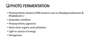PHOTO FERMENTATION
• Photosynthetic bacteria (PNS bacteria such as Rhodopseudomonas &
Rhodobacter )
• Anaerobic condition
• Photosynthetic pigments
• Short chain organic acid utilization
• Light as source of energy
• Nitrogenase
 