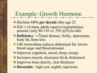 Example: Growth Hormone Declines  14% per decade  after age 25 IGF-1 of many adults equal to hypopituitary patients (only 80-110 vs. 350 @25yrs.old) Deficiency   heart disease, frailty, depression, body fat, bone loss GH restoration  reduces abdominal fat, lowers blood sugar and blood pressure Improves cognition, mood, sleep, energy Increases muscle, decreases fat & cholesterol Improves bone density, skin thickness Downside:   high cost, nightly injections 