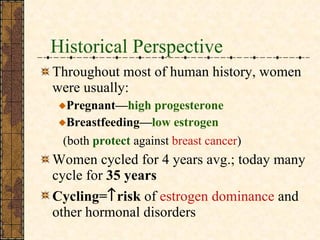Historical Perspective Throughout most of human history, women were usually:  Pregnant— high progesterone  Breastfeeding— low estrogen    (both   protect  against  breast cancer ) Women cycled for 4 years avg.; today many cycle for  35 years   Cycling=  risk  of  estrogen dominance  and other hormonal disorders 