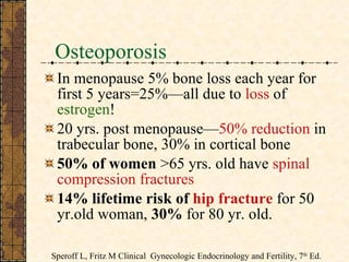 Osteoporosis In menopause 5% bone loss each year for first 5 years=25%—all due to  loss  of  estrogen ! 20 yrs. post menopause— 50% reduction  in trabecular bone, 30% in cortical bone 50% of women  >65 yrs. old have  spinal compression fractures 14% lifetime risk of  hip fracture  for 50 yr.old woman,  30%  for 80 yr. old. Speroff L, Fritz M Clinical  Gynecologic Endocrinology and Fertility, 7 th  Ed. 