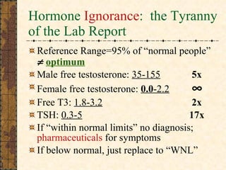 Hormone  Ignorance :  the Tyranny of the Lab Report Reference Range=95% of “normal people”     optimum Male free testosterone:  35-155     5x Female free testosterone:  0.0 -2.2    Free T3:  1.8-3.2     2x TSH:  0.3-5     17x If “within normal limits” no diagnosis;  pharmaceuticals  for symptoms If below normal, just replace to “WNL” 