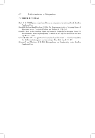 422

Brief introduction to bioimpedance

FURTHER READING
Duck F A 1990 Physical properties of tissue: a comprehensive reference book. London:
Academic Press
Gabriel C, Gabriel S and Corthout E 1996a The dielectric properties of biological tissues: I.
Literature survey Physics in Medicine and Biology 41 2231–2249
Gabriel S, Lau R and Gabriel C 1996b The dielectric properties of biological tissues: II.
Measurements in the frequency range 10 Hz to 20 GHz Physics in Medicine and Biology 41 2251–2269
Geddes L B L E 1967 The speciﬁc resistance of biological material—a compendium of data
for the biomedical engineer and physiologist Med. Biol. Eng. 5 271–293
Grimnes S and Martinsen Ø G 2000 Bioimpedance and bioelectricity basics. London:
Academic Press

 