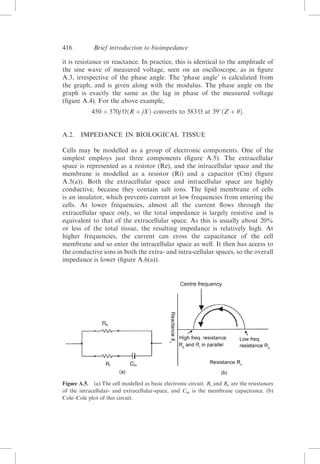 416

Brief introduction to bioimpedance

it is resistance or reactance. In practice, this is identical to the amplitude of
the sine wave of measured voltage, seen on an oscilloscope, as in ﬁgure
A.3, irrespective of the phase angle. The ‘phase angle’ is calculated from
the graph, and is given along with the modulus. The phase angle on the
graph is exactly the same as the lag in phase of the measured voltage
(ﬁgure A.4). For the above example,
450 þ 370j ðR þ jXÞ converts to 583  at 398ðZ þ Þ:

A.2. IMPEDANCE IN BIOLOGICAL TISSUE
Cells may be modelled as a group of electronic components. One of the
simplest employs just three components (ﬁgure A.5). The extracellular
space is represented as a resistor (Re), and the intracellular space and the
membrane is modelled as a resistor (Ri) and a capacitor (Cm) (ﬁgure
A.5(a)). Both the extracellular space and intracellular space are highly
conductive, because they contain salt ions. The lipid membrane of cells
is an insulator, which prevents current at low frequencies from entering the
cells. At lower frequencies, almost all the current ﬂows through the
extracellular space only, so the total impedance is largely resistive and is
equivalent to that of the extracellular space. As this is usually about 20%
or less of the total tissue, the resulting impedance is relatively high. At
higher frequencies, the current can cross the capacitance of the cell
membrane and so enter the intracellular space as well. It then has access to
the conductive ions in both the extra- and intra-cellular spaces, so the overall
impedance is lower (ﬁgure A.6(a)).

Figure A.5. (a) The cell modelled as basic electronic circuit. Ri and Re are the resistances
of the intracellular- and extracellular-space, and Cm is the membrane capacitance. (b)
Cole–Cole plot of this circuit.

 