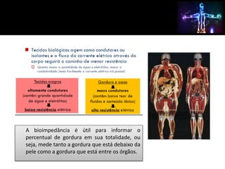 A bioimpedância é útil para informar o 
percentual de gordura em sua totalidade, ou 
seja, mede tanto a gordura que está debaixo da 
pele como a gordura que está entre os órgãos. 
 