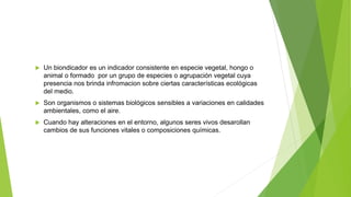  Un biondicador es un indicador consistente en especie vegetal, hongo o
animal o formado por un grupo de especies o agrupación vegetal cuya
presencia nos brinda infromacion sobre ciertas características ecológicas
del medio.
 Son organismos o sistemas biológicos sensibles a variaciones en calidades
ambientales, como el aire.
 Cuando hay alteraciones en el entorno, algunos seres vivos desarollan
cambios de sus funciones vitales o composiciones químicas.
 
