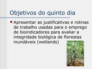 Objetivos do quinto dia
   Apresentar as justificativas e rotinas
    de trabalho usadas para o emprego
    de bioindicadores para avaliar a
    integridade biológica de florestas
    inundáveis (wetlands)
 