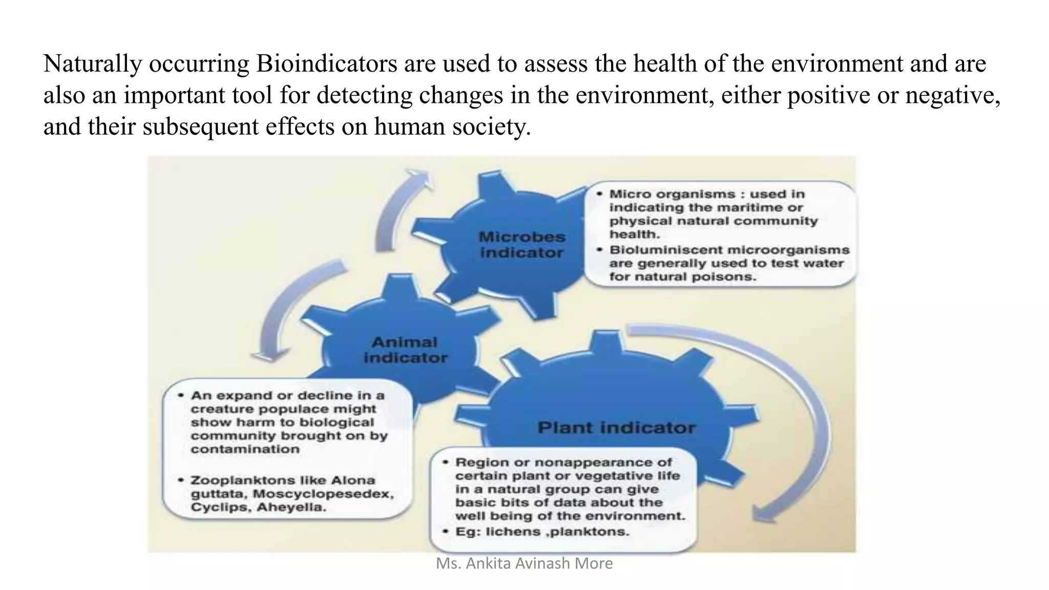 Naturally occurring Bioindicators are used to assess the health of the environment and are
also an important tool for detecting changes in the environment, either positive or negative,
and their subsequent effects on human society.
Ms. Ankita Avinash More
 