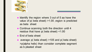  Identify the region where 3 out of 5 aa have the
value of p( beta sheet) >1.00 ,region is predicted
as beta sheet
 Continue scanning both the direction until 4
residue that have p( beta sheet) <1.00
 End of beta sheet
 average p( beta sheet) >105 and p( beta sheet)
>p(alpha helix) than consider complete segment
as b pleated sheet
 