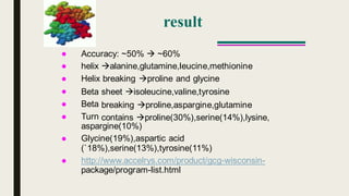 result
Accuracy: ~50%  ~60%
helix alanine,glutamine,leucine,methionine
Helix breaking proline and glycine






Beta
Beta
Turn
sheet isoleucine,valine,tyrosine
breaking proline,aspargine,glutamine
contains proline(30%),serine(14%),lysine,
aspargine(10%)
Glycine(19%),aspartic acid
(`18%),serine(13%),tyrosine(11%)
http://www.accelrys.com/product/gcg-wisconsin-
package/program-list.html


 