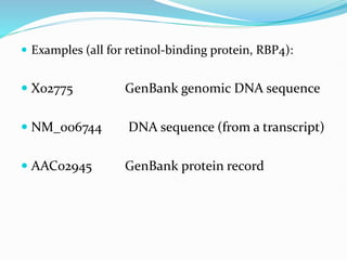  Examples (all for retinol-binding protein, RBP4):
 X02775 GenBank genomic DNA sequence
 NM_006744 DNA sequence (from a transcript)
 AAC02945 GenBank protein record
 