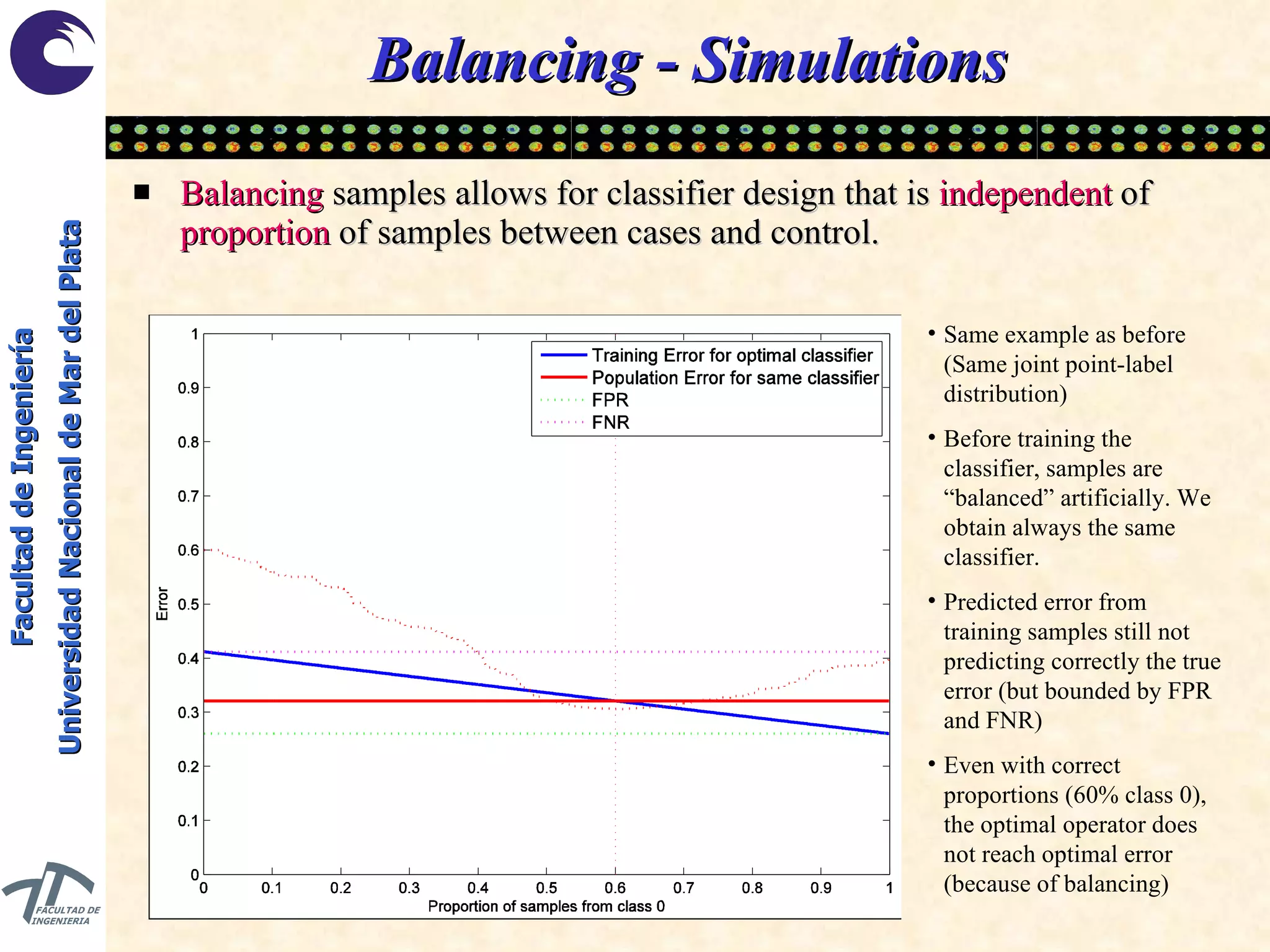 Balancing  samples allows for classifier design that is  independent  of  proportion  of samples between cases and control. Balancing - Simulations Same example as before (Same joint point-label distribution) Before training the classifier, samples are “balanced” artificially. We obtain always the same classifier. Predicted error from training samples still not predicting correctly the true error (but bounded by FPR and FNR) Even with correct proportions (60% class 0), the optimal operator does not reach optimal error (because of balancing) 